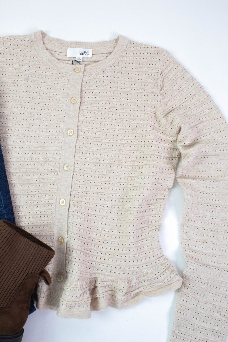 Rylee Pointelle Knit Ruffled Sweater Top, Oatmeal