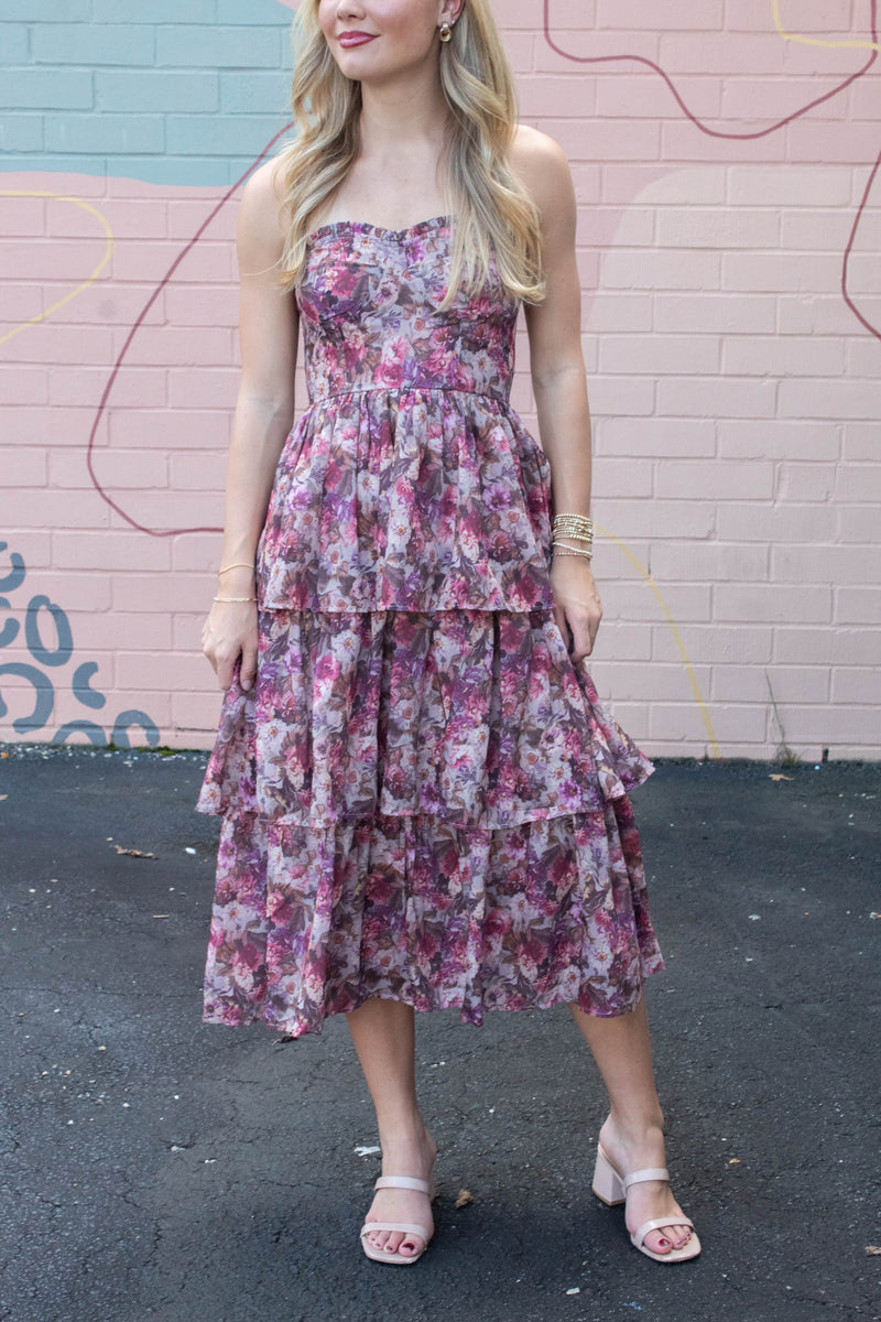 Scottie Tiered Ruffle Dress, Beige/Pink Floral