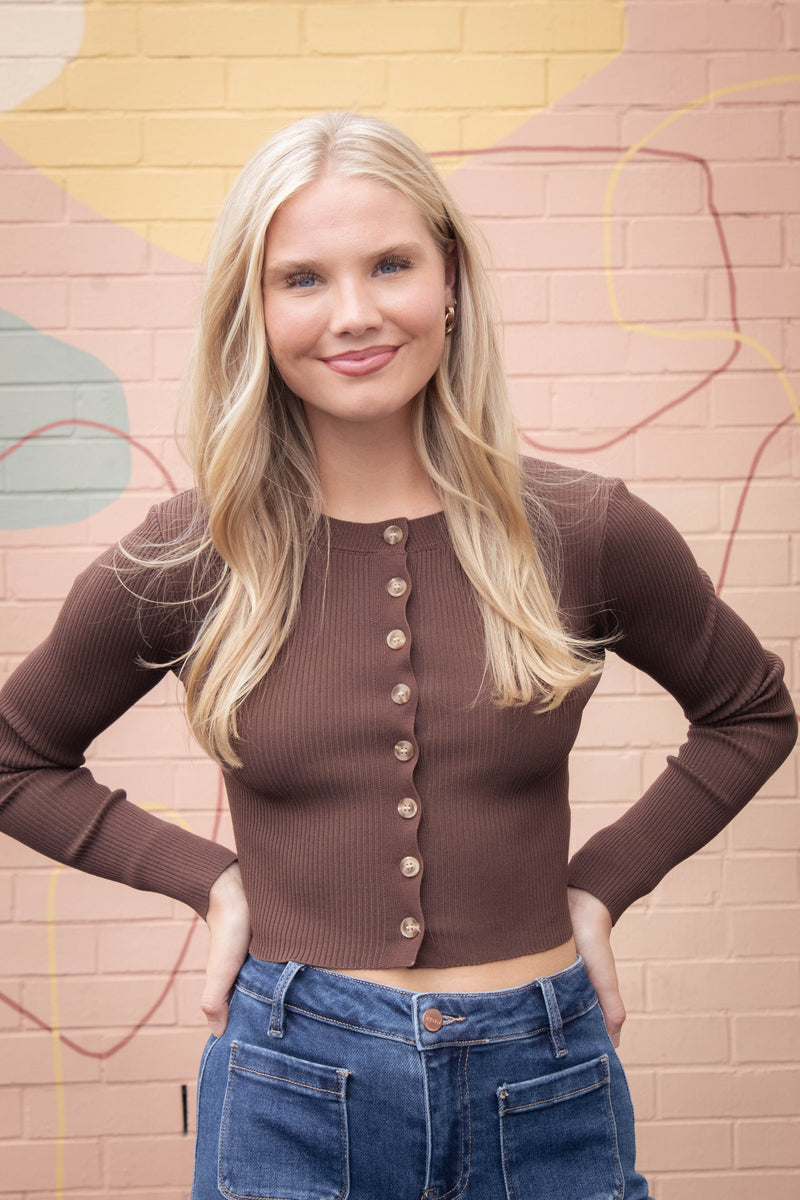 Josie Rib Knit Cropped Cardigan, Brown