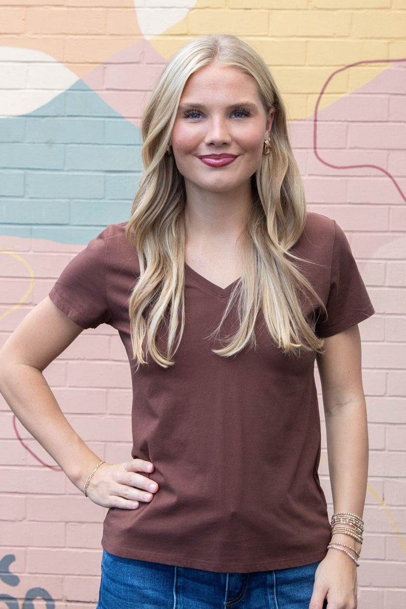 Tatum Cotton Jersey V-Neck Tee, Choco