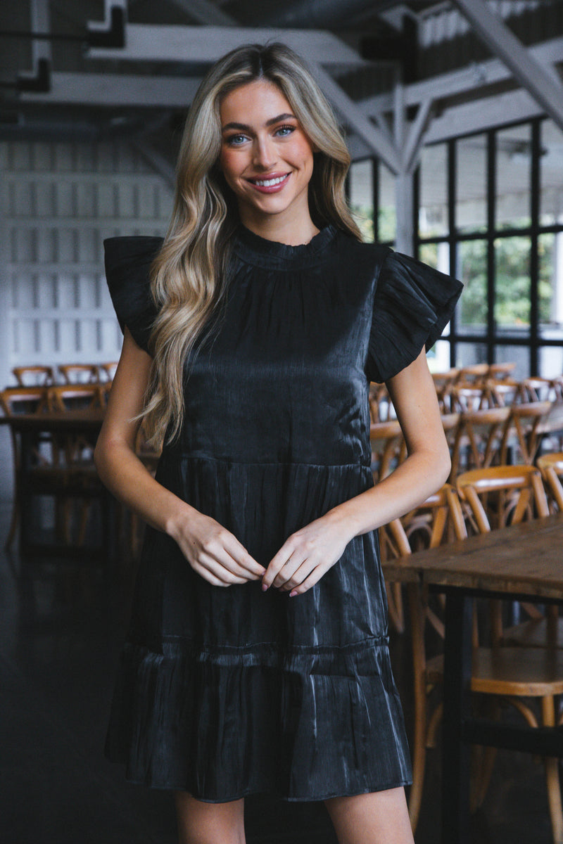 Tiffany Flutter Sleeve Tiered Dress, Black