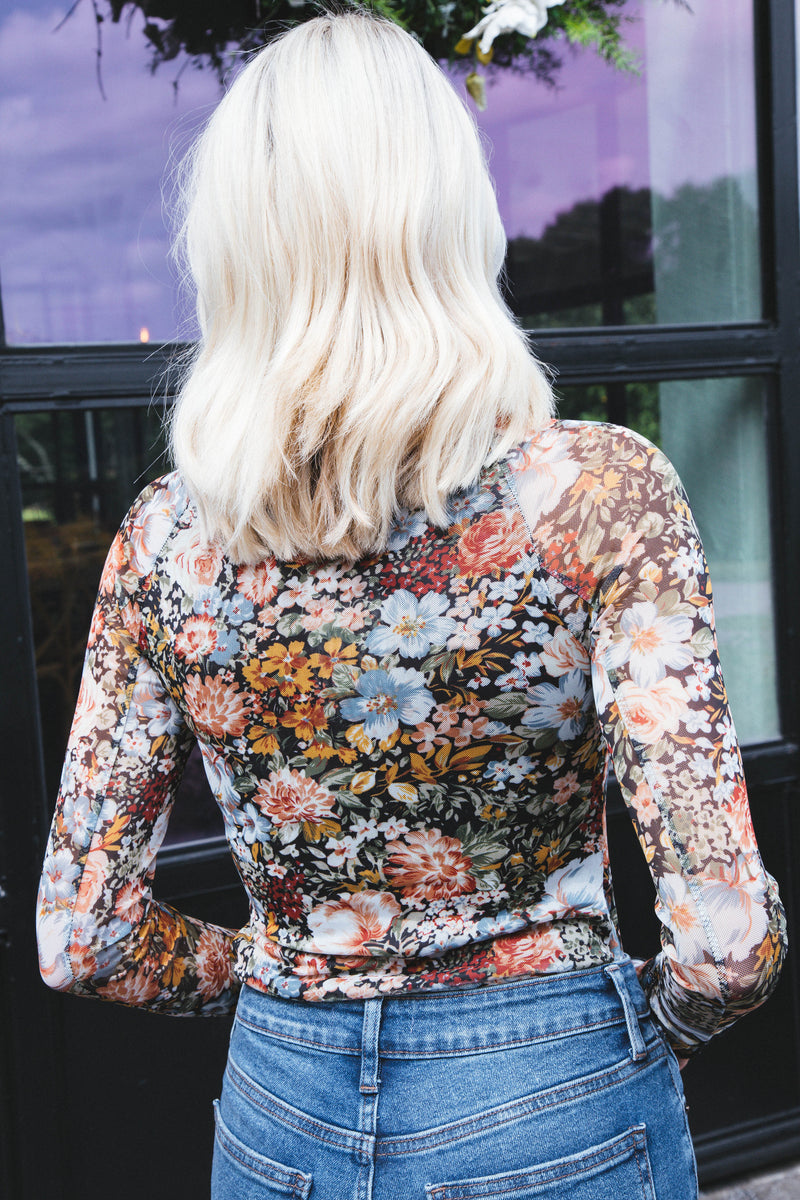 Amy Floral Mesh Knit Top, Black