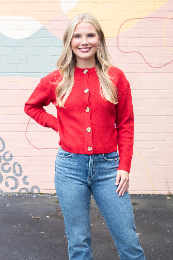 Kohana Crewneck Cardigan, Garnet | RD Style