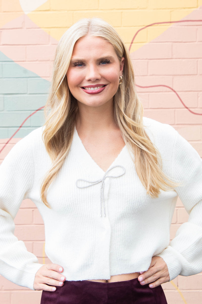 Marie Sparkly Bow Cardigan, Cream