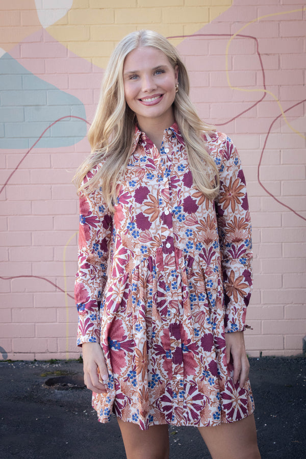 Ciara Collared Button Down Dress, Cream Rust