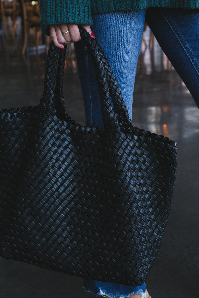 Aubrey Large Woven Tote + Pouch, Black