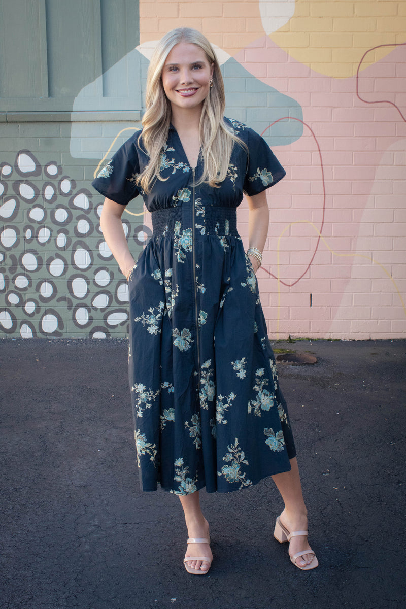 Ella Printed Zip Up Midi Dress, Black