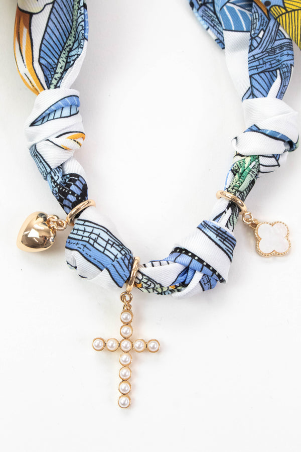 Jazmin Charmed Knotted Scarf Necklace, Blue/Yellow/White