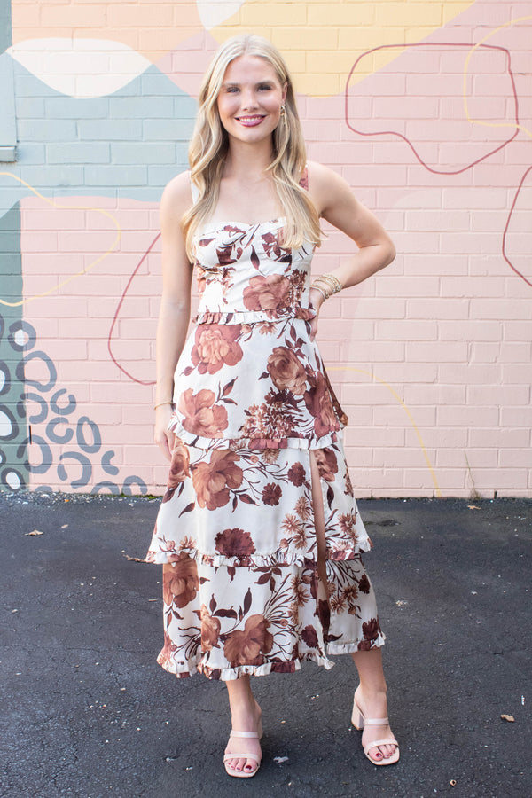 Blair Floral Tiered Satin Dress, Coffee Cream Brown