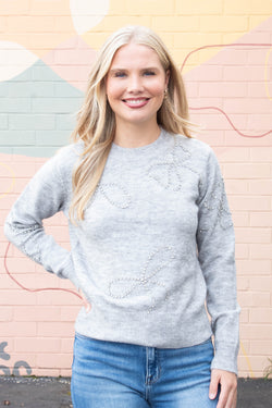 Ginevra Rhinestone Bow Sweater, Light Grey Melange | RD Style
