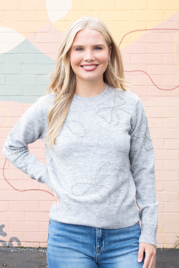 Ginevra Rhinestone Bow Sweater, Light Grey Melange | RD Style