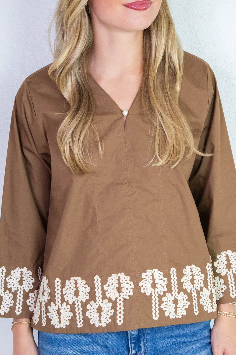 Katie 3D Floral Trim Accent Top, Mocha