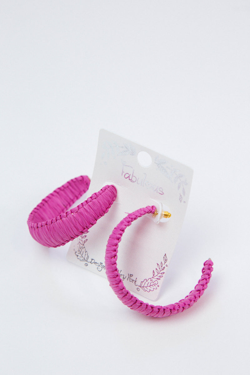 Raffia Open Hoop Earrings, Fuchsia