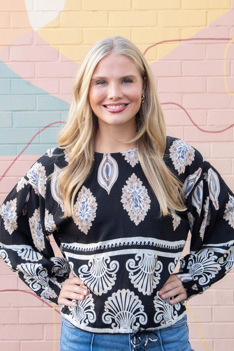 Kehlani Boho Print Blouse, Black Mix