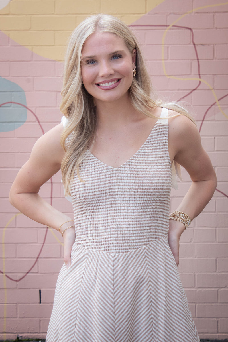 Eve Smocked Bodice Striped Dress, Taupe