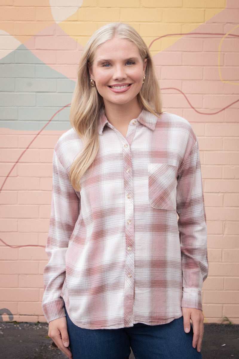 Juliette Plaid Button Up Shirt, Dusty Pink