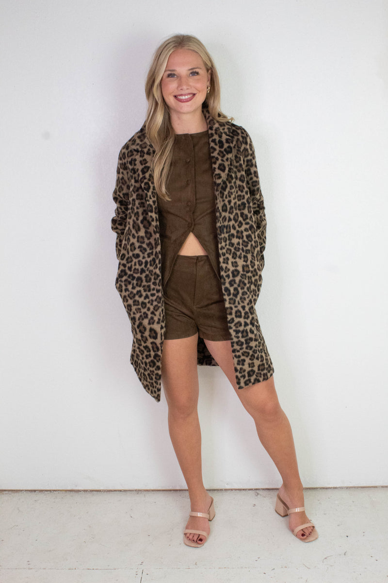 Natalie Leopard Print Long Coat, Brown