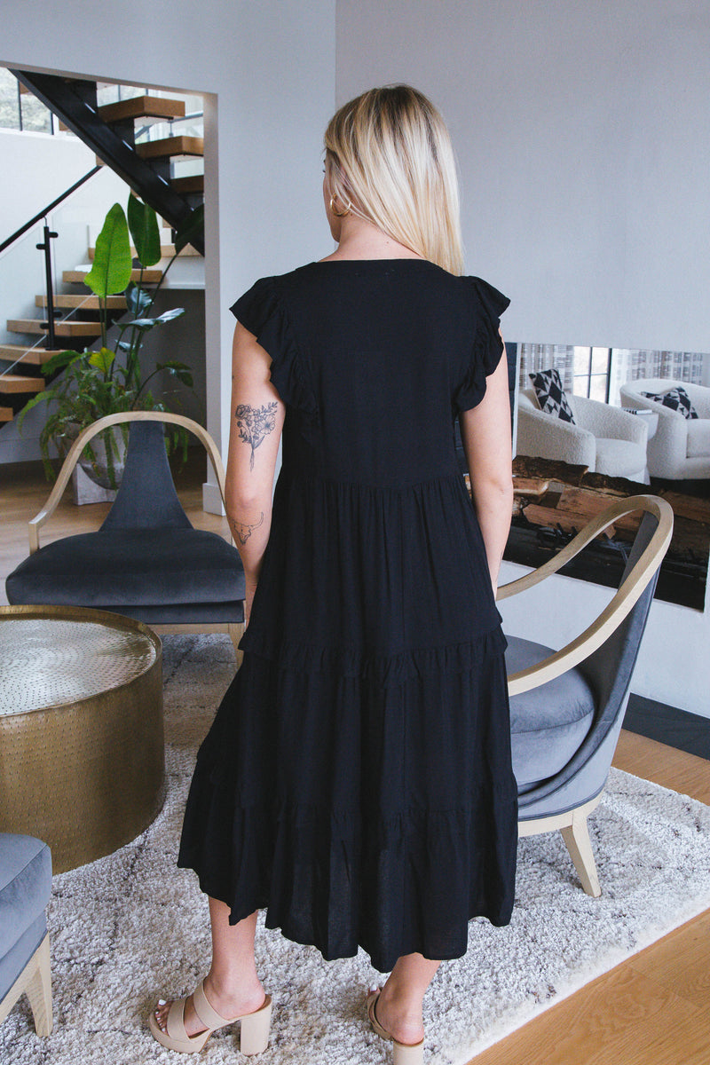 Penelope Ruffle Sleeve Midi Dress, Black