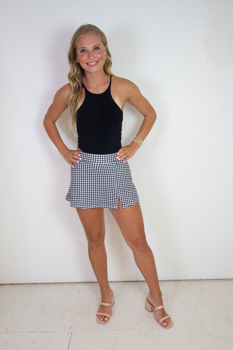 Lennox Gingham Print A-Line Skort, Black Gingham