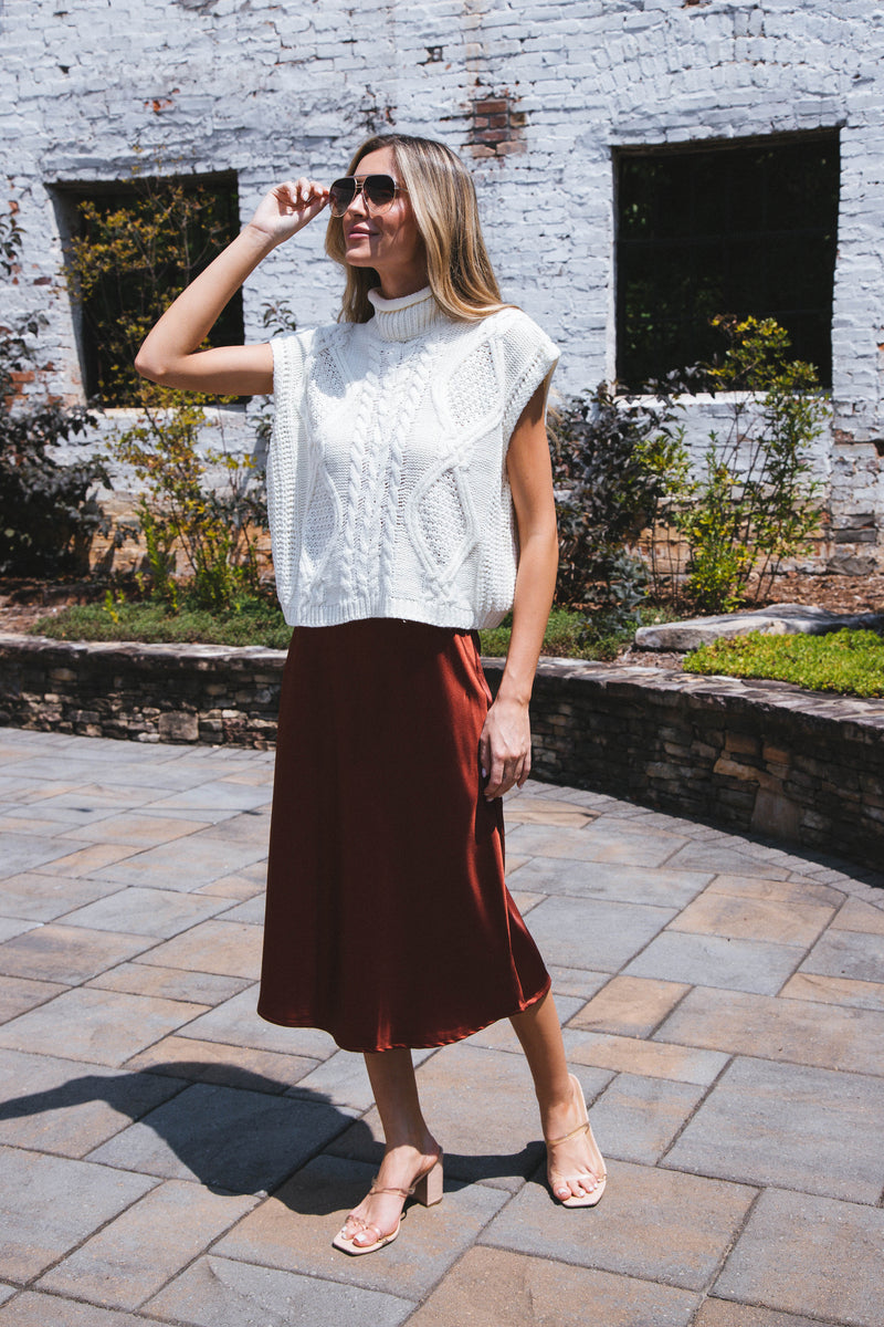 Sabina Satin Midi Skirt, Copper Rose