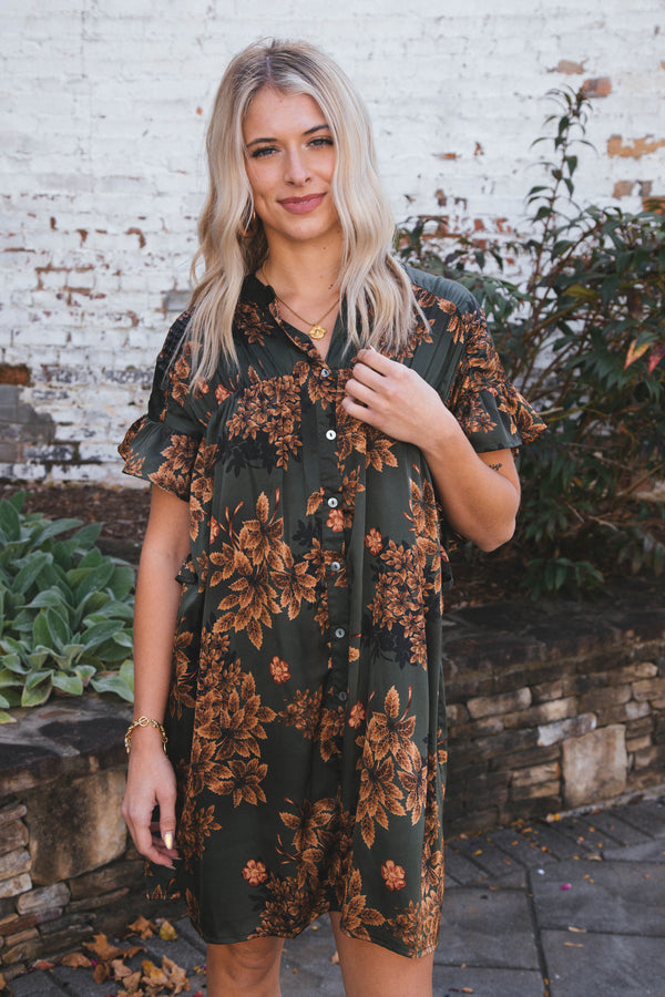 Ainsley Floral Satin Dress, Olive