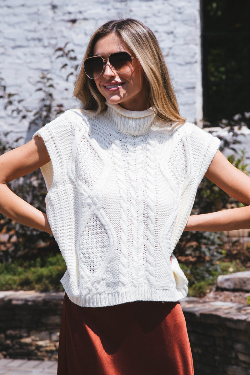 Unmatched Cable Knit Sleeveless Sweater, Cream
