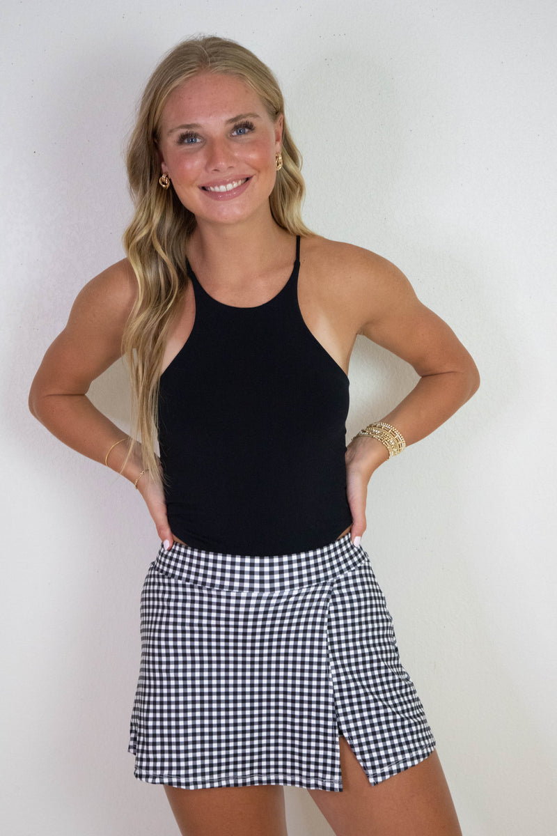 Lennox Gingham Print A-Line Skort, Black Gingham