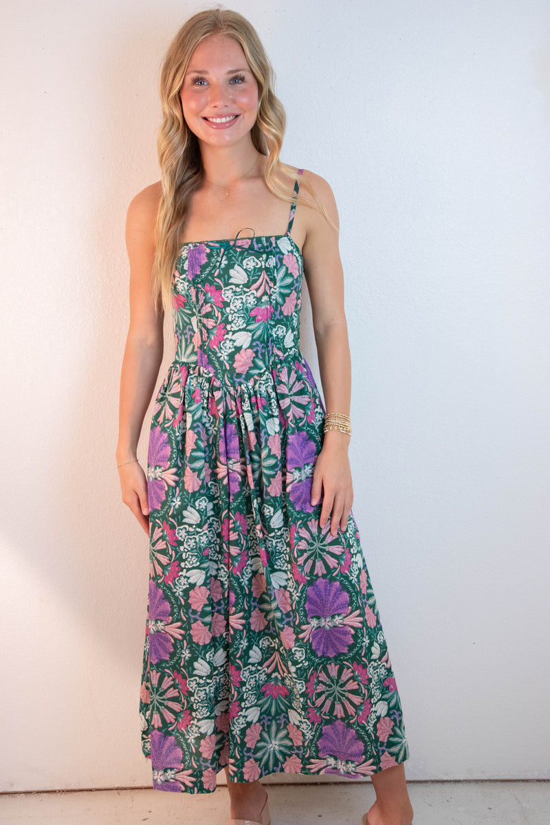 Alma Corset Style Maxi Dress, Green Multi