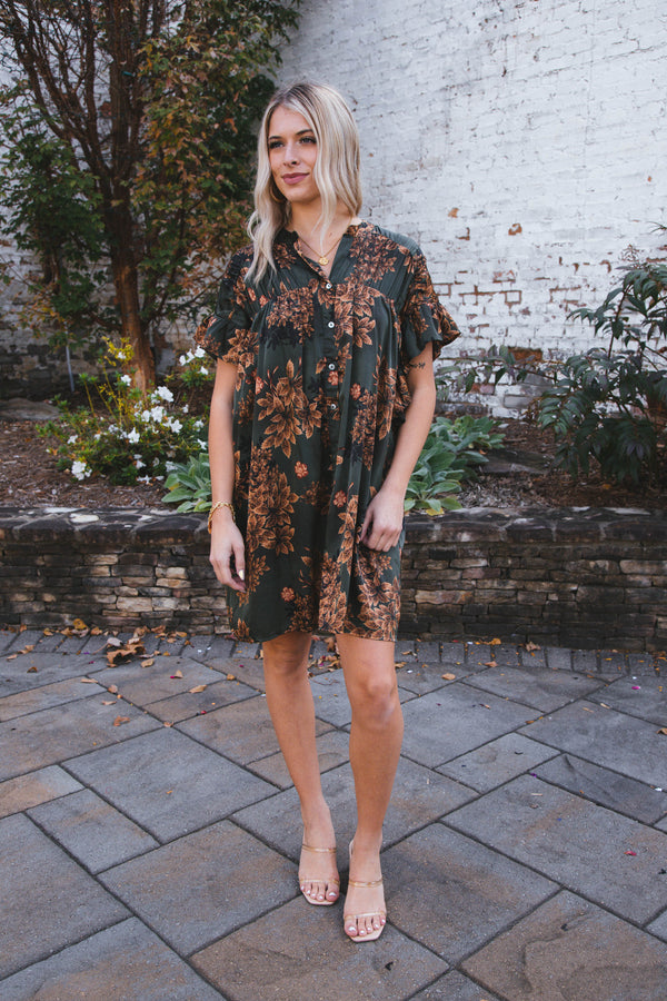 Ainsley Floral Satin Dress, Olive