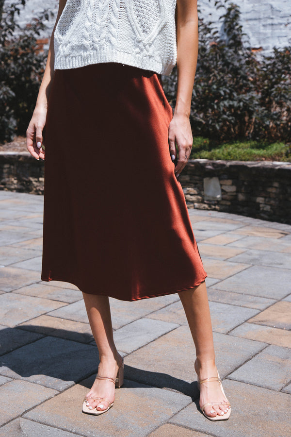 Sabina Satin Midi Skirt, Copper Rose