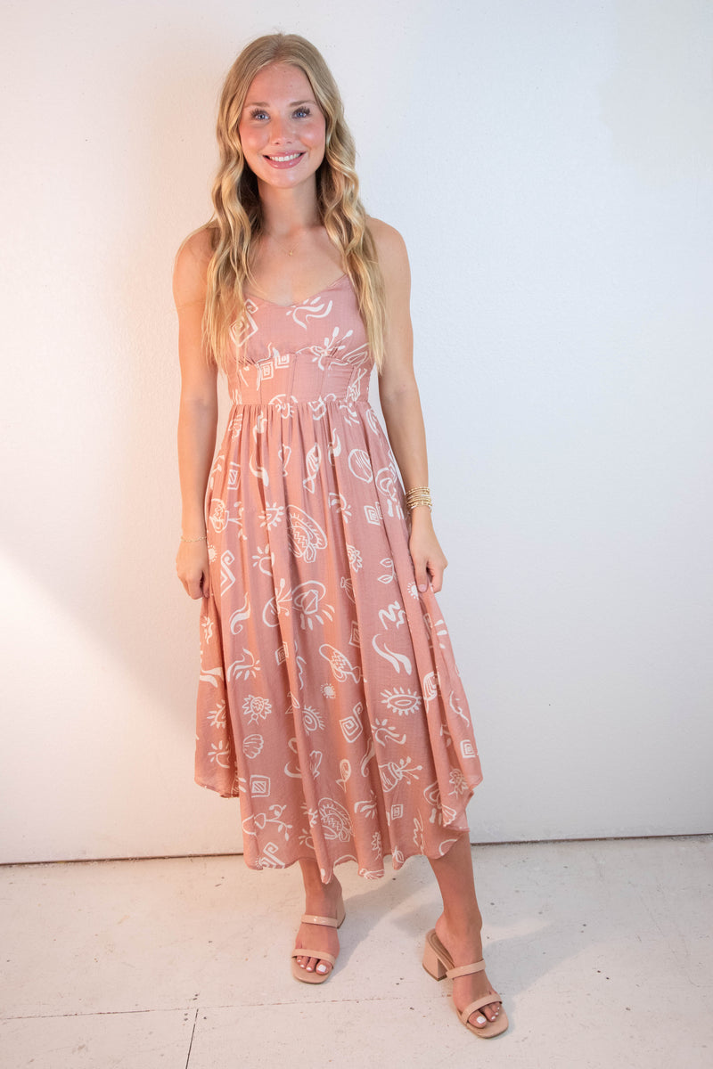 Jordan Doodle Print Shirred Waist Dress, Apricot