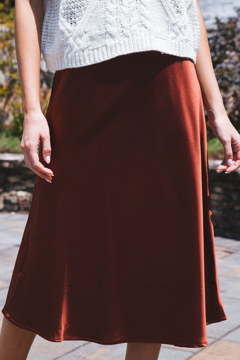 Sabina Satin Midi Skirt, Copper Rose