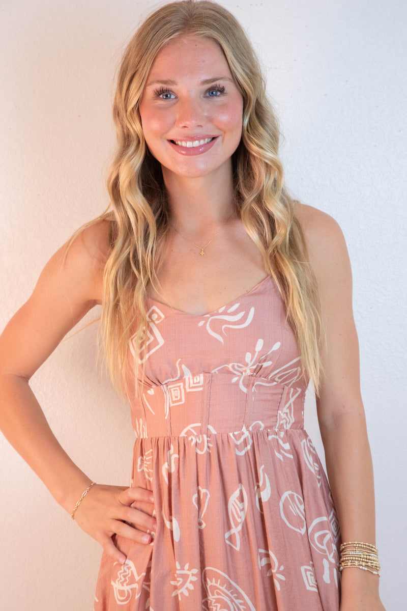 Jordan Doodle Print Shirred Waist Dress, Apricot
