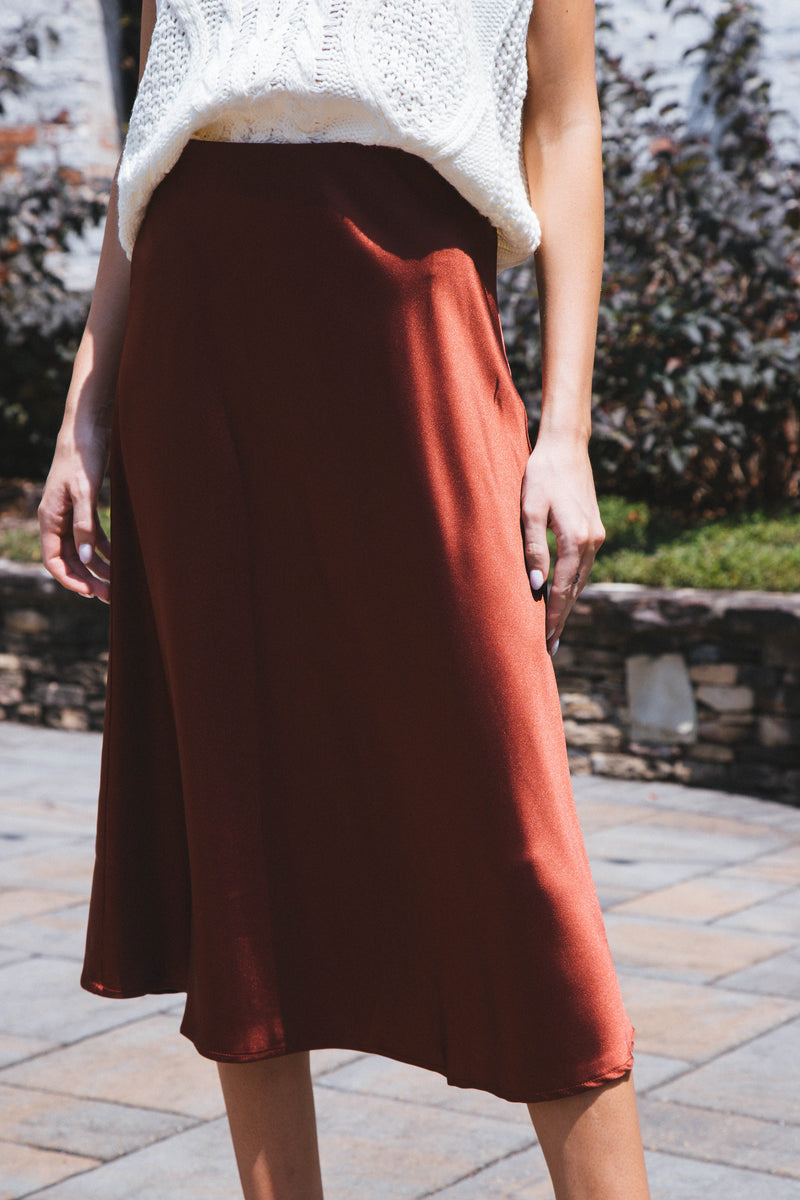 Sabina Satin Midi Skirt, Copper Rose