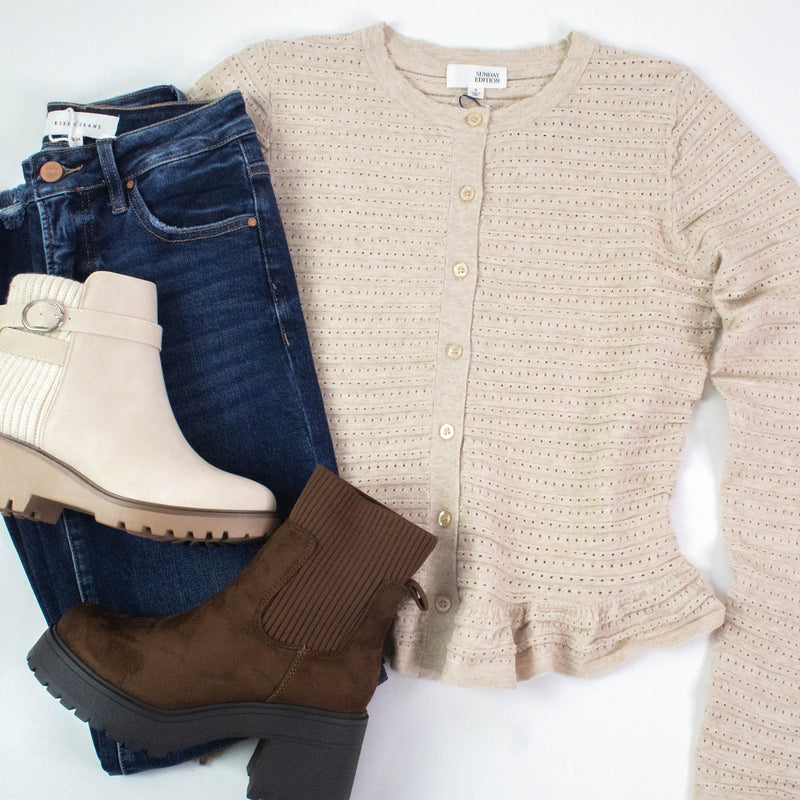 Rylee Pointelle Knit Ruffled Sweater Top, Oatmeal