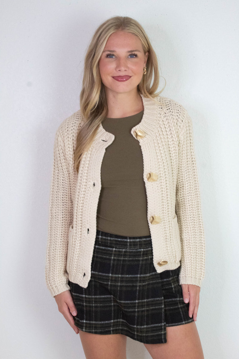 Clara Gold Button Cardigan, Cream