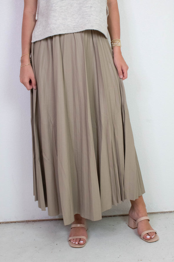 Sallie Vegan Leather Pleated Maxi Skirt, Khaki