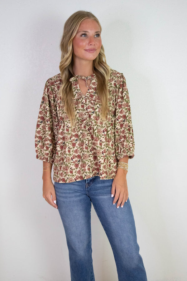 Kaelynn Corduroy Vintage Floral Blouse, Cream/Red