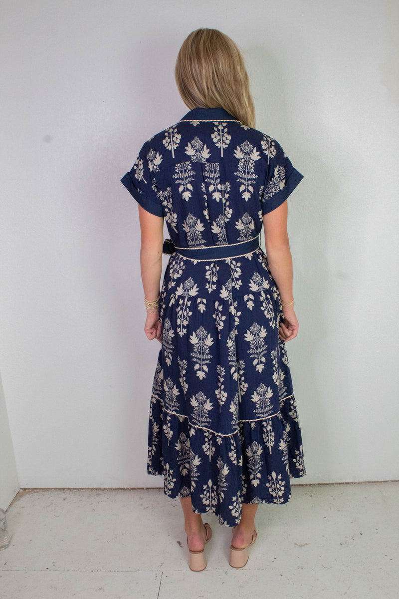 Margot Botanical Print Midi Dress, Navy