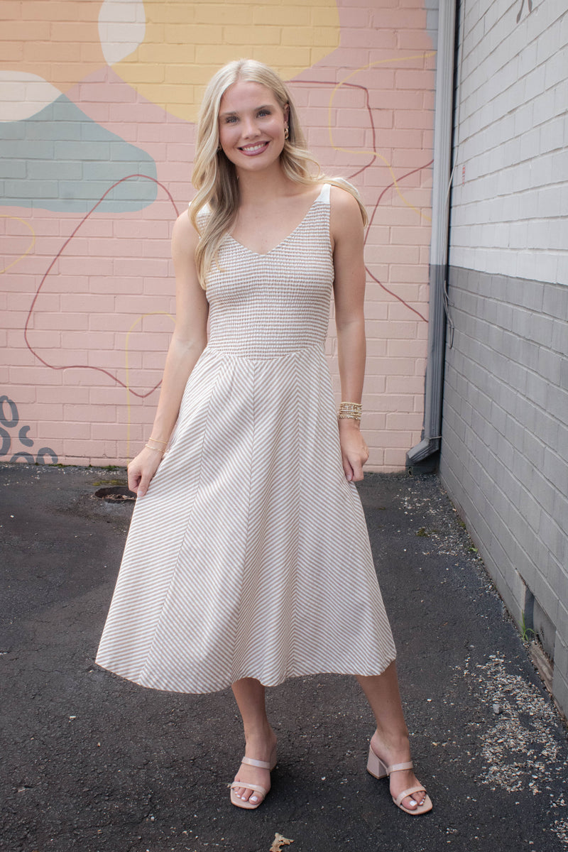 Eve Smocked Bodice Striped Dress, Taupe