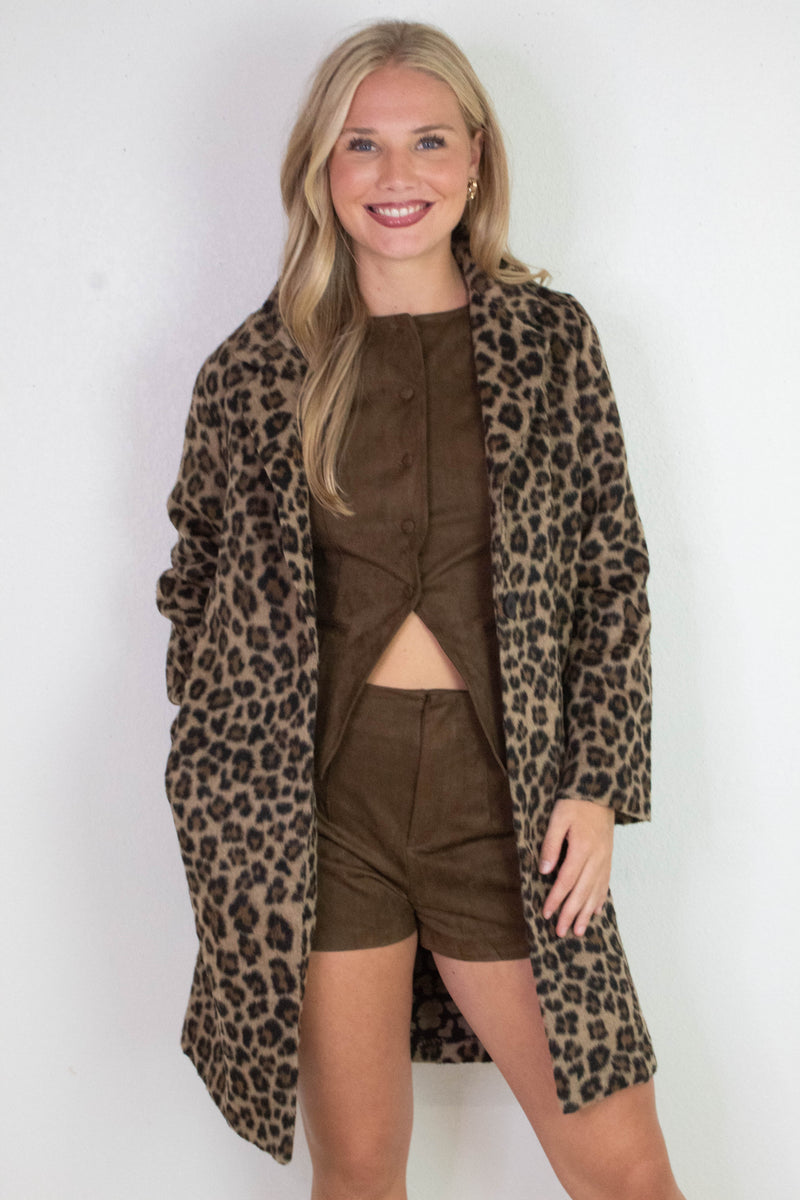 Natalie Leopard Print Long Coat, Brown