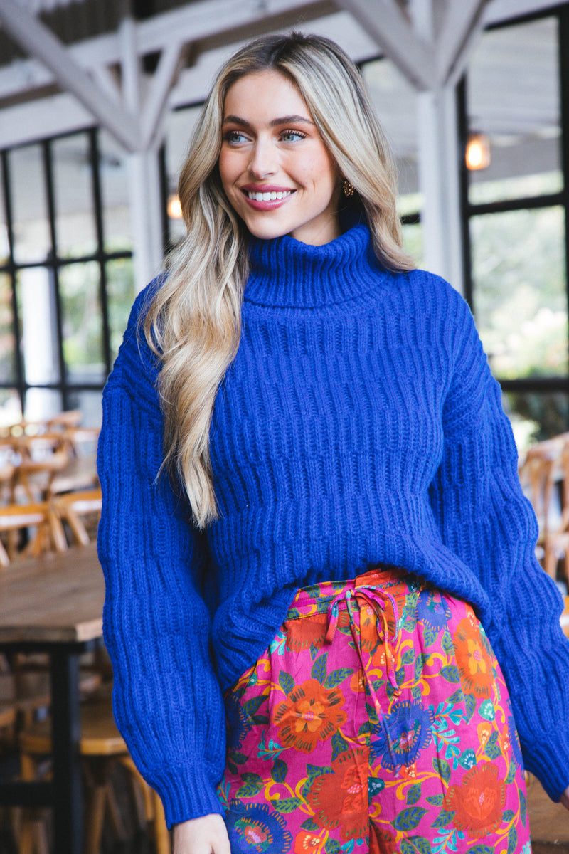 Gwen Turtleneck Bubble-Sleeve Sweater, Royal Blue