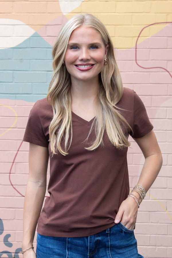 Tatum Cotton Jersey V-Neck Tee, Choco