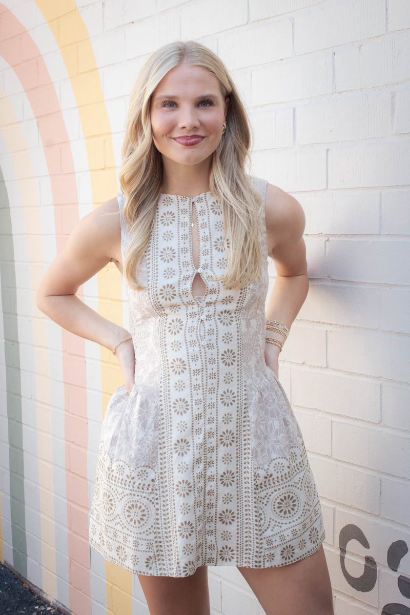 Aubri Printed Button Front Dress, Natural Khaki