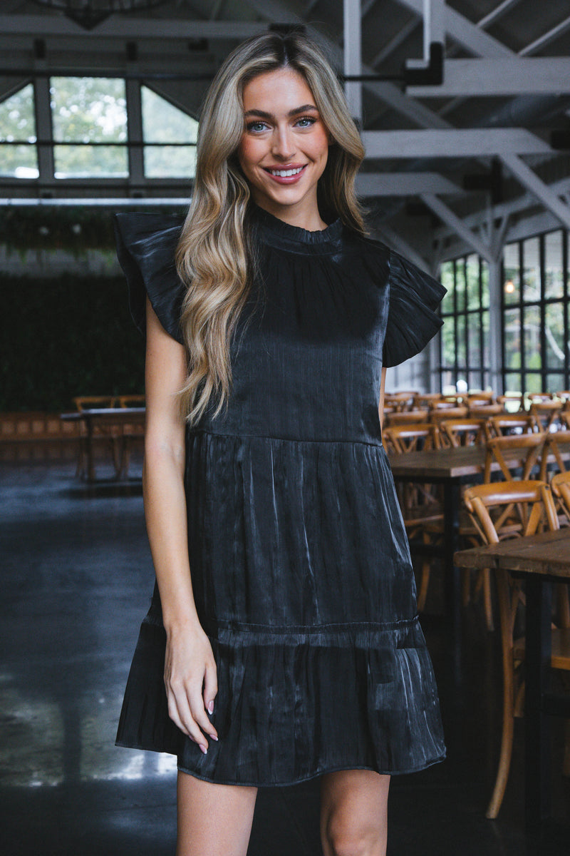 Tiffany Flutter Sleeve Tiered Dress, Black
