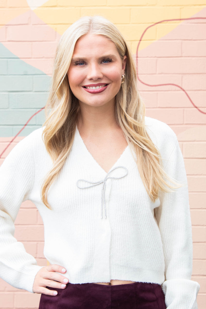 Marie Sparkly Bow Cardigan, Cream