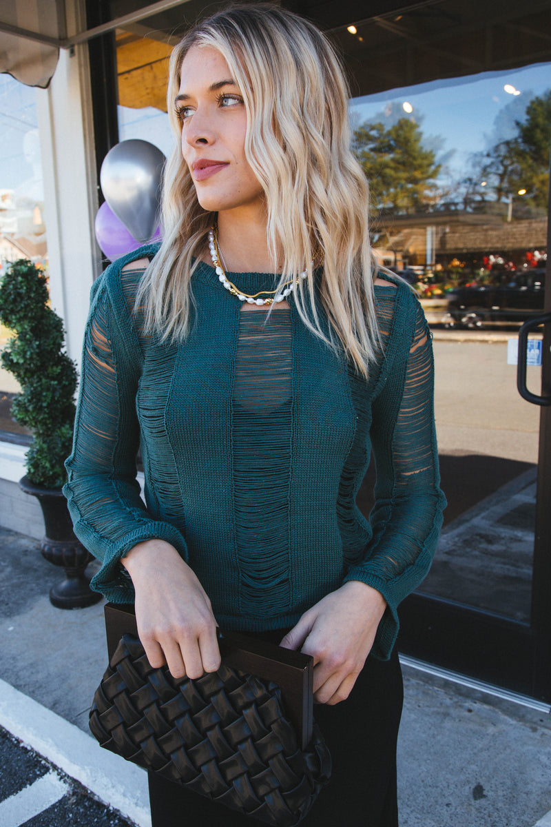 Edith Boat Neck Distressed Sweater, Dark Green