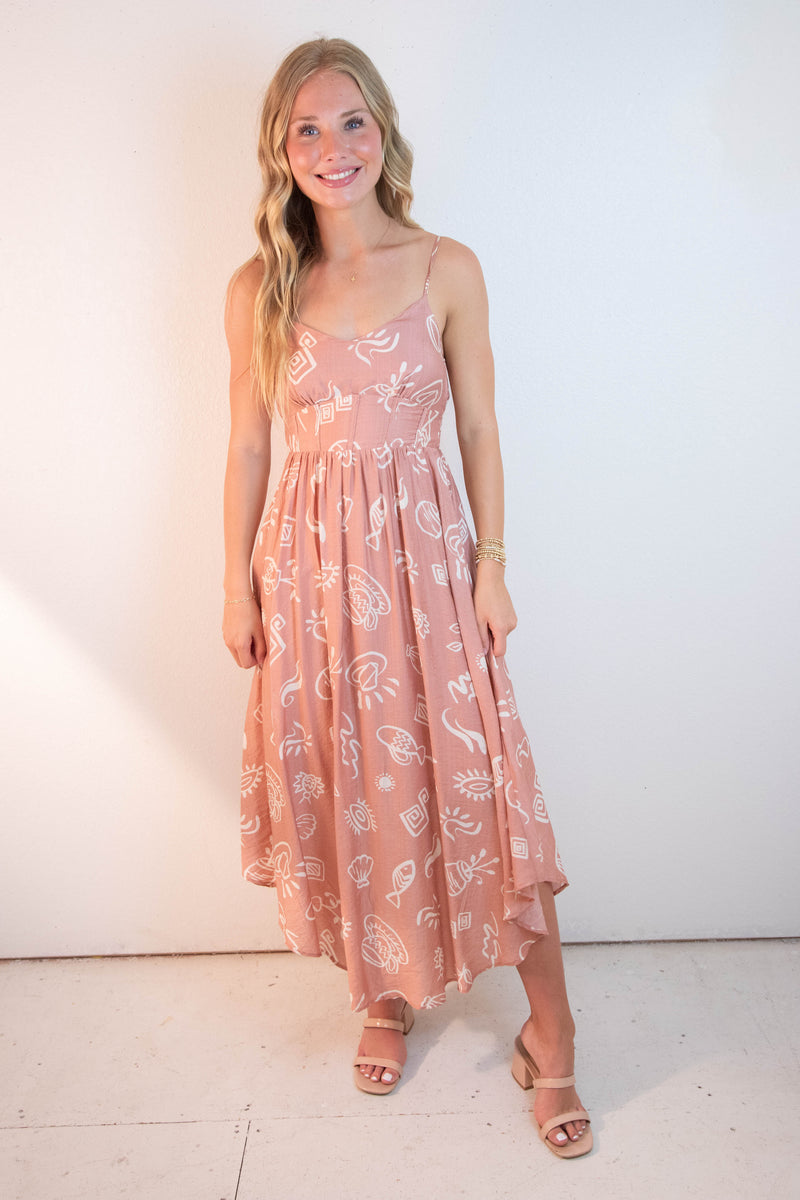 Jordan Doodle Print Shirred Waist Dress, Apricot