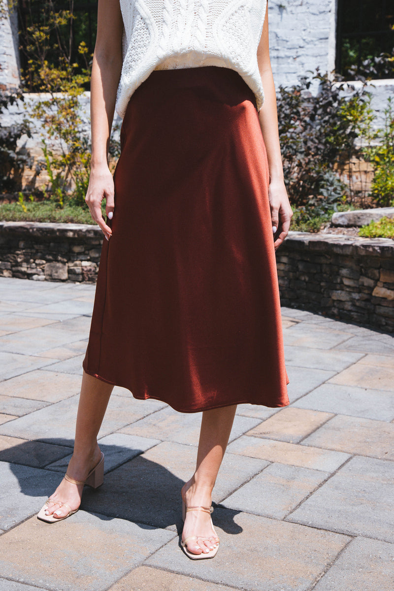 Sabina Satin Midi Skirt, Copper Rose