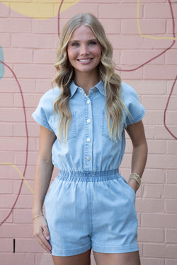 Good Luck Stretch Denim Romper, Light Wash | Sadie & Sage